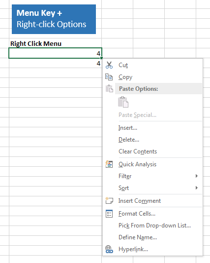 right click shortcut excel