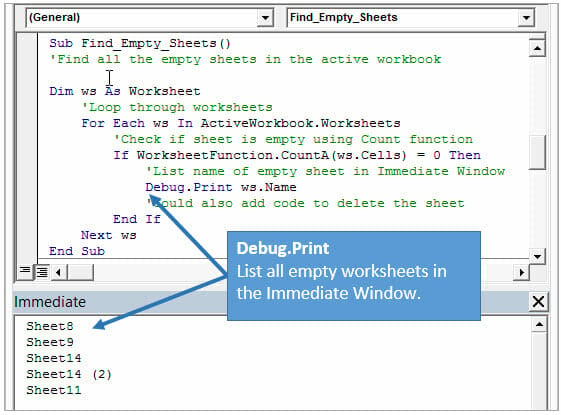 Excel VBA Immediate Window Debug Print List All Empty Sheets Example