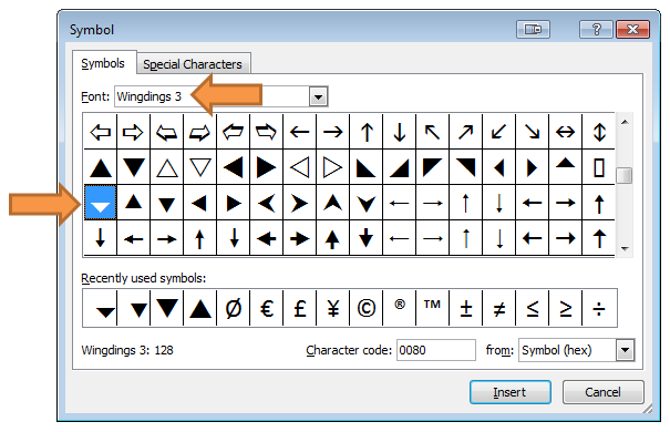 excel symbols to search for text