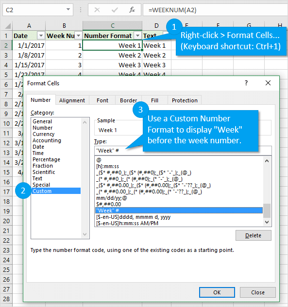 Custom Number format to Display the word Week before the week number