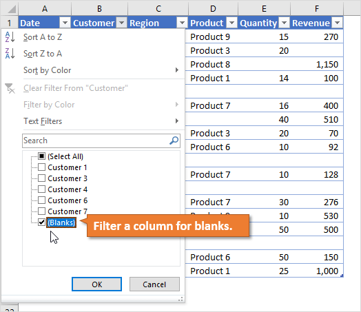 Filter a column for blanks