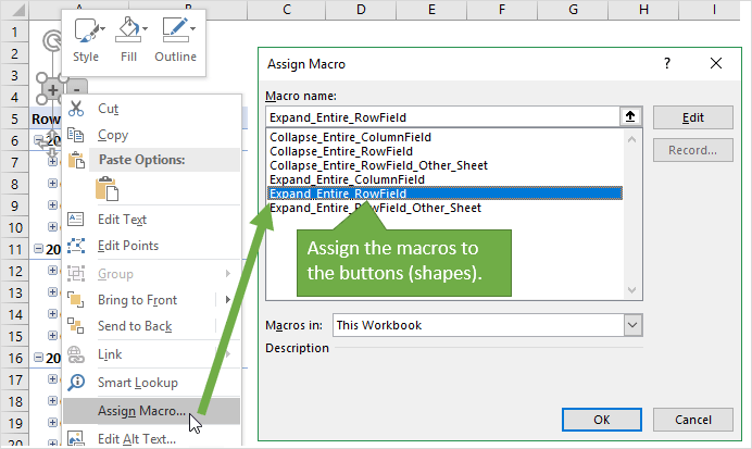 pivot excel buttons chart Pivot VBA Fields Expand Table Entire Macro Collapse and