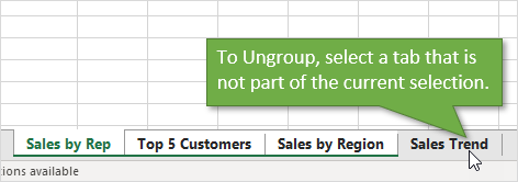 Ungroup or Deselect Sheets by Selecting a Tab Outside the Group