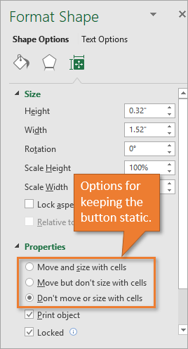 Format Shape Pane with options to keep the macro button static
