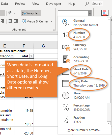 Number format drop-down date