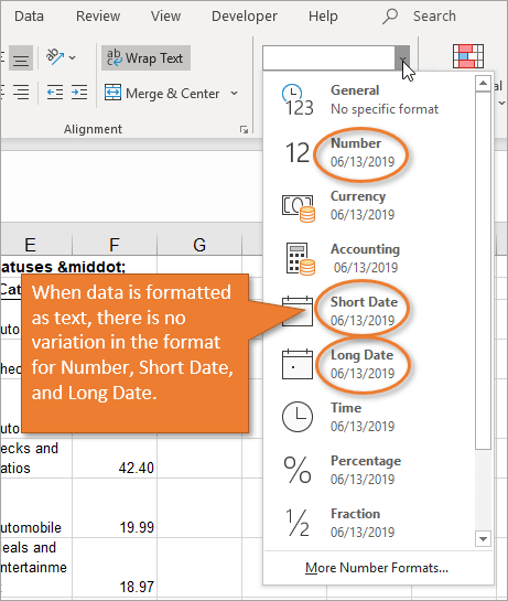 Number format drop-down text