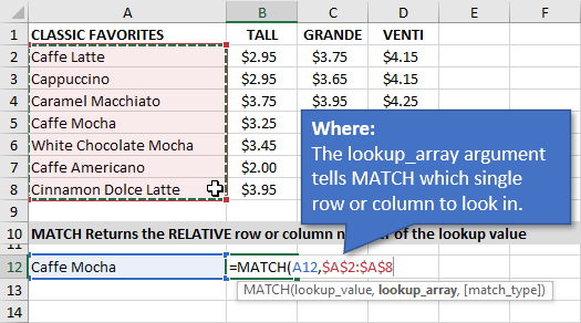 Lookup_Array Argument for the MATCH Function in Excel