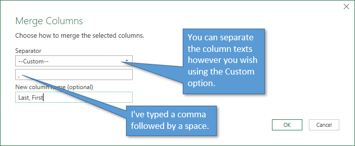 Merge Columns Window Custom separator